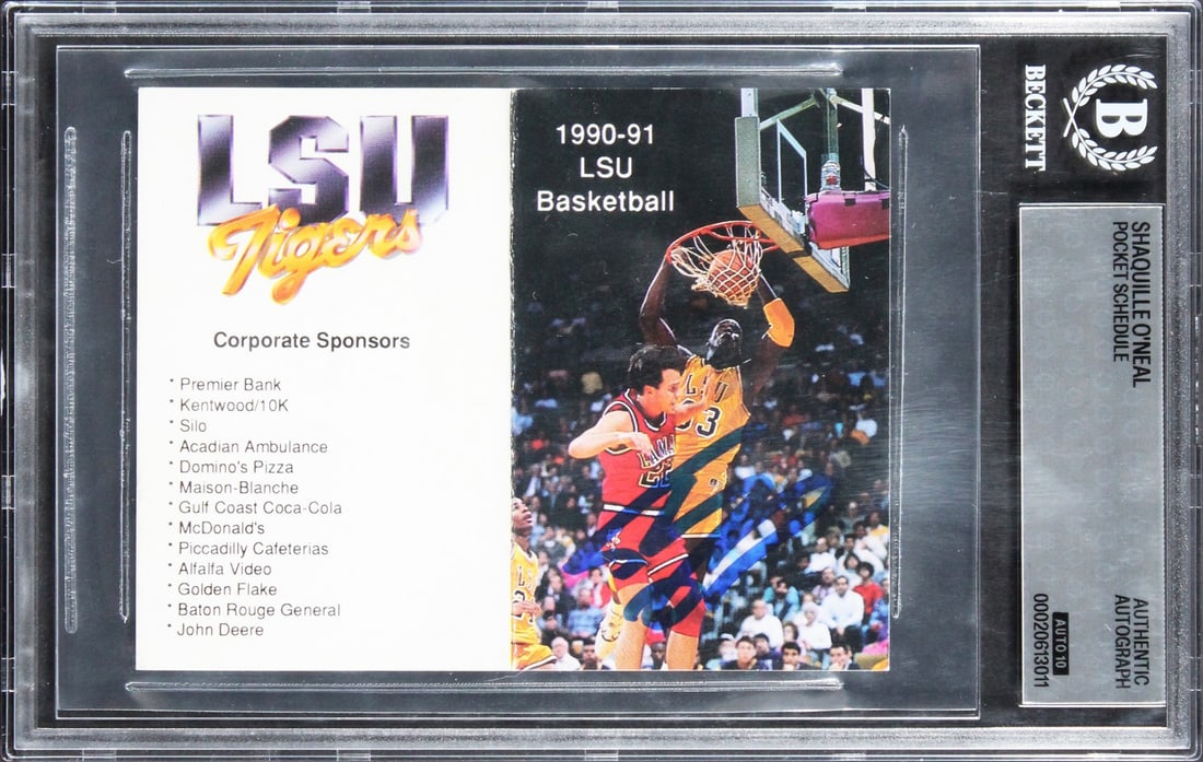 1990 LSU Basketball Pocket Schedule signed by Shaquille O'Neal Beckett authenticated: 1990 LSU Basketball Pocket Schedule signed by Shaquille O'Neal Beckett authenticated Original 1990 LSU Basketball pocket schedule card signed by Shaquille O'Neal. The autograph has received a Gem Mint