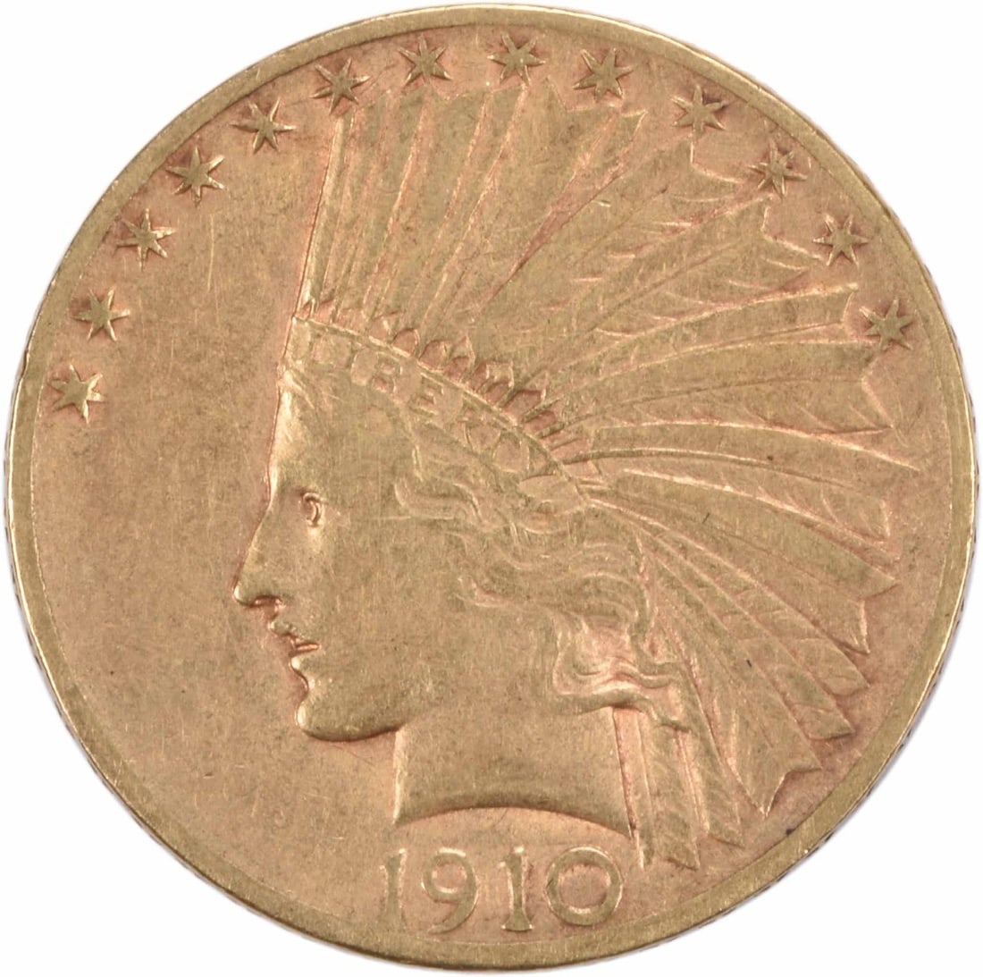 1910-D $10 Gold Indian Coin by Augustus Saint Gaudens Uncertified: 1910-D $10 Gold Indian Coin by Augustus Saint Gaudens Uncertified This 1910-D $10 Gold Indian coin, designed by Augustus Saint Gaudens, is a remarkable piece of numismatic history. It features a stunn