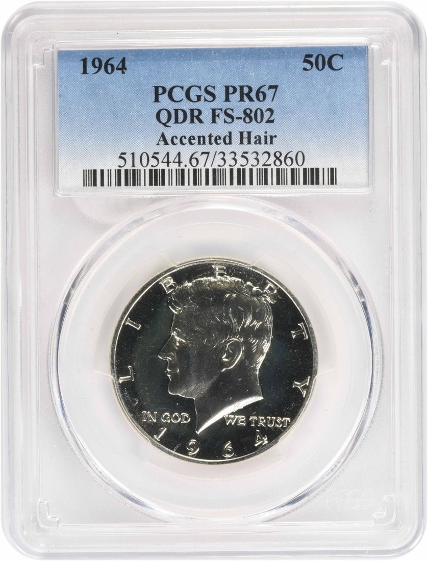 PCGS PR67 1964 Kennedy 50C Accented Hair QDR FS-802 Proof: PCGS PR67 1964 Kennedy 50C Accented Hair QDR FS-802 Proof 1964 Kennedy Half Dollar with the QDR Accented Hair FS-802 variety. This proof strike coin is graded PR67 by PCGS and is offered in pre-owned 