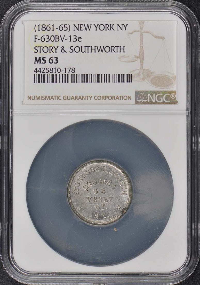NGC MS63 New York Civil War Merchant Token F-630BV-13e 1861-65: NGC MS63 New York Civil War Merchant Token F-630BV-13e 1861-65 Civil War merchants token from New York, cataloged as F-630BV-13e and graded MS63 by NGC. This pre-owned token is uncirculated. Specifica