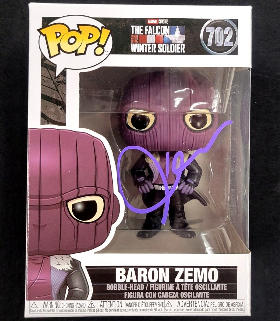 Daniel Bruhl Signed Baron Zemo Funko Pop Marvel Falcon Winter Soldier Beckett Authenticated: Daniel Bruhl Signed Baron Zemo Funko Pop Marvel Falcon Winter Soldier Beckett Authenticated This is an original Funko Pop! figure featuring Baron Zemo, signed by actor Daniel Bruhl. It is authenticate