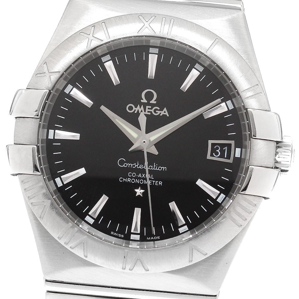 OMEGA Constellation automatic mens date watch ref 123.10.35.20.01.001: OMEGA Constellation automatic mens date watch ref 123.10.35.20.01.001 OMEGA Constellation automatic men's wristwatch with a black dial and date display. This stainless steel watch shows visible signs 