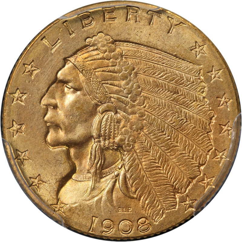 PCGS MS66 1908 Indian Head Gold Quarter Eagle $2.50 Coin: PCGS MS66 1908 Indian Head Gold Quarter Eagle $2.50 Coin Wonderfully original 1908 Indian Gold $2.50 with PCGS MS66 grading. This uncirculated pre-owned coin is noted for superb eye appeal, fantastic 