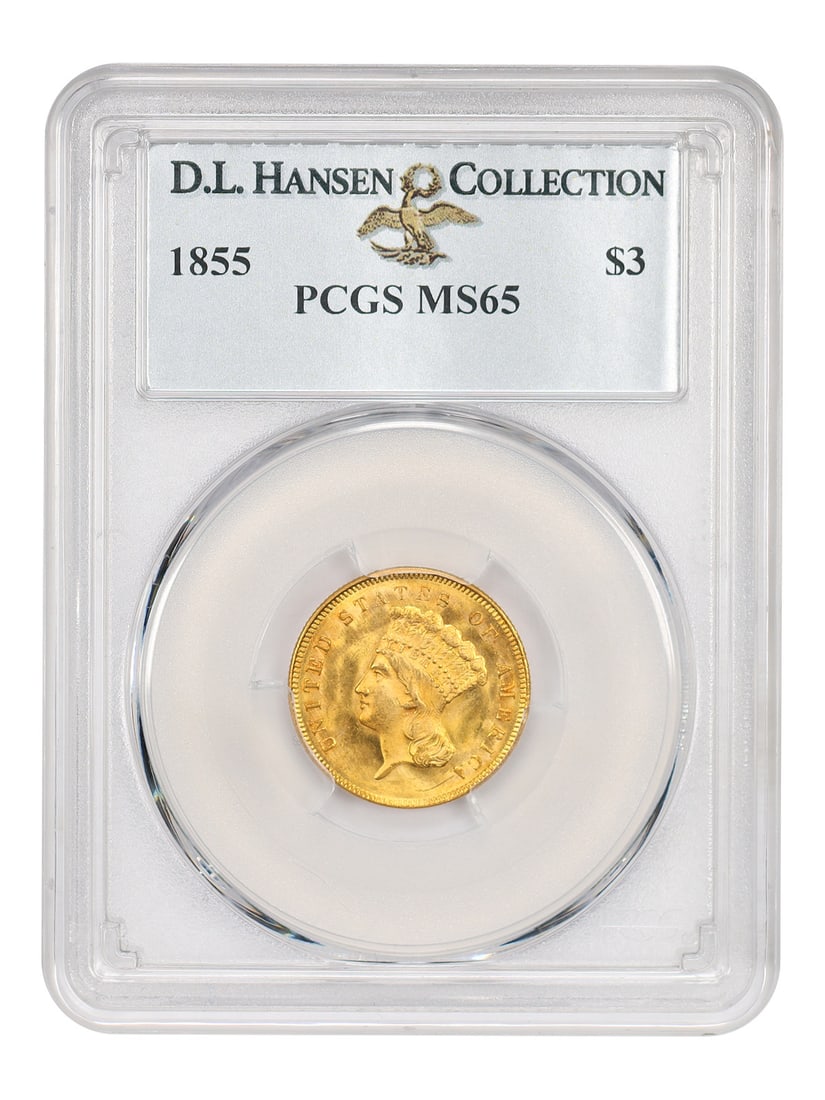 PCGS MS65 1855 Three Dollar Gold Coin ex D.L. Hansen: PCGS MS65 1855 Three Dollar Gold Coin ex D.L. Hansen 1855 $3 gold coin certified by PCGS as MS65 and pedigreed ex: D.L. Hansen. This uncirculated condition census example is described as far superior 