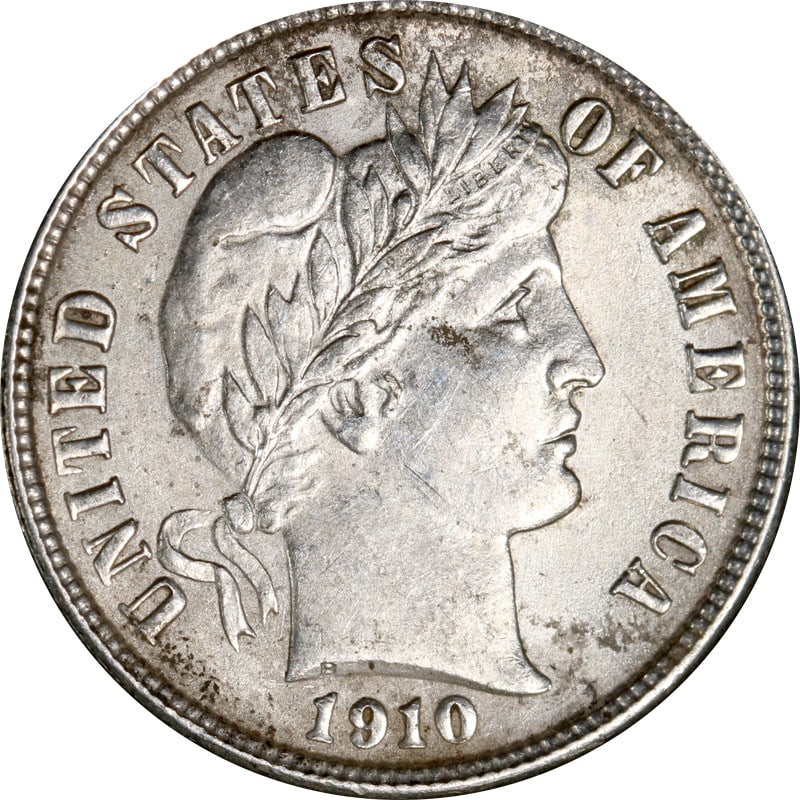 1910 P United States Barber silver dime coin: 1910 P United States Barber silver dime coin 1910-P Barber Dime from the United States. This pre-owned coin is uncertified and circulated, with a silver composition and 0.9 fineness. Specifications It