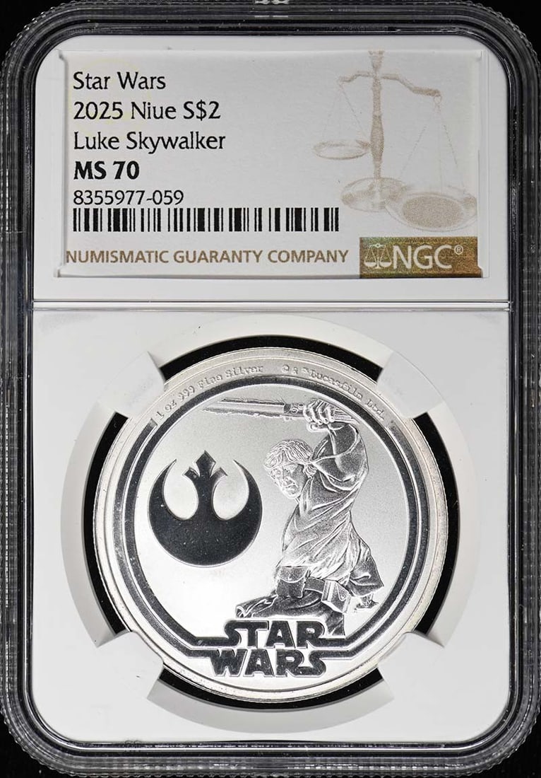 NGC MS70 2025 Niue Star Wars Luke Skywalker S$2 Coin: NGC MS70 2025 Niue Star Wars Luke Skywalker S$2 Coin 2025 Niue Star Wars Luke Skywalker S$2 coin, graded MS70 by NGC. This uncirculated pre-owned coin is certified and identified by its listed certifi