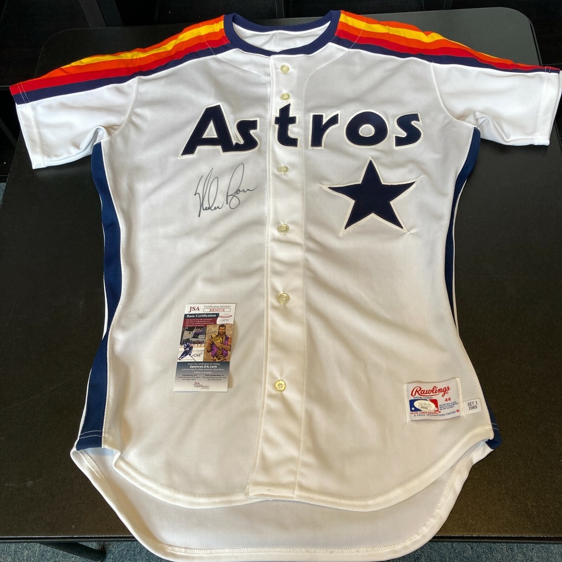 Nolan Ryan Signed 1989 Houston Astros Jersey with JSA COA: Nolan Ryan Signed 1989 Houston Astros Jersey with JSA COA This authentic 1989 Houston Astros game model jersey is signed by the legendary Nolan Ryan. Featuring a classic design that pays tribute to th