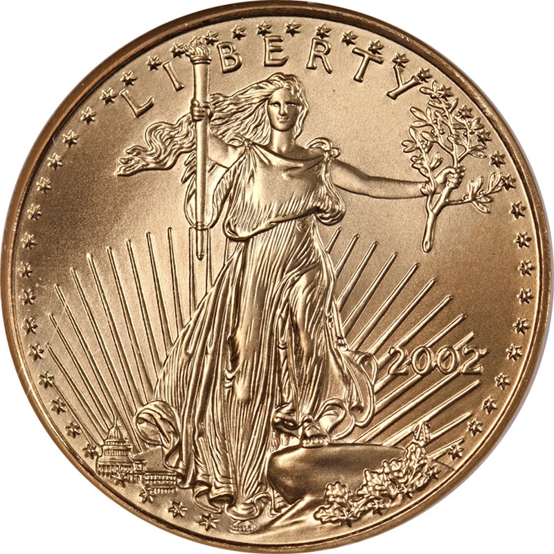 2002 $25 Gold Eagle Coin NGC MS70 Brown Label Graded: 2002 $25 Gold Eagle Coin NGC MS70 Brown Label Graded This 2002 Gold American Eagle $25 coin is graded by NGC as MS70, indicating a perfect, uncirculated condition. It features the original brown label
