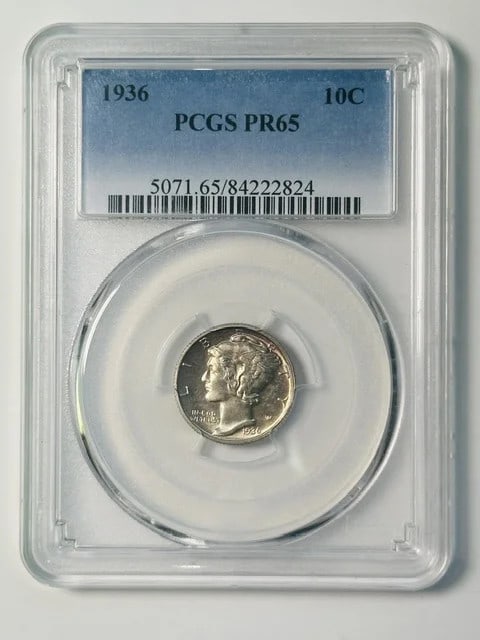PCGS PR65 1936 Mercury Dime Proof Silver 10C Philadelphia: PCGS PR65 1936 Mercury Dime Proof Silver 10C Philadelphia 1936 Mercury Dime certified by PCGS in PR 65 proof grade. This pre-owned silver 10-cent coin was struck in Philadelphia and is identified as a