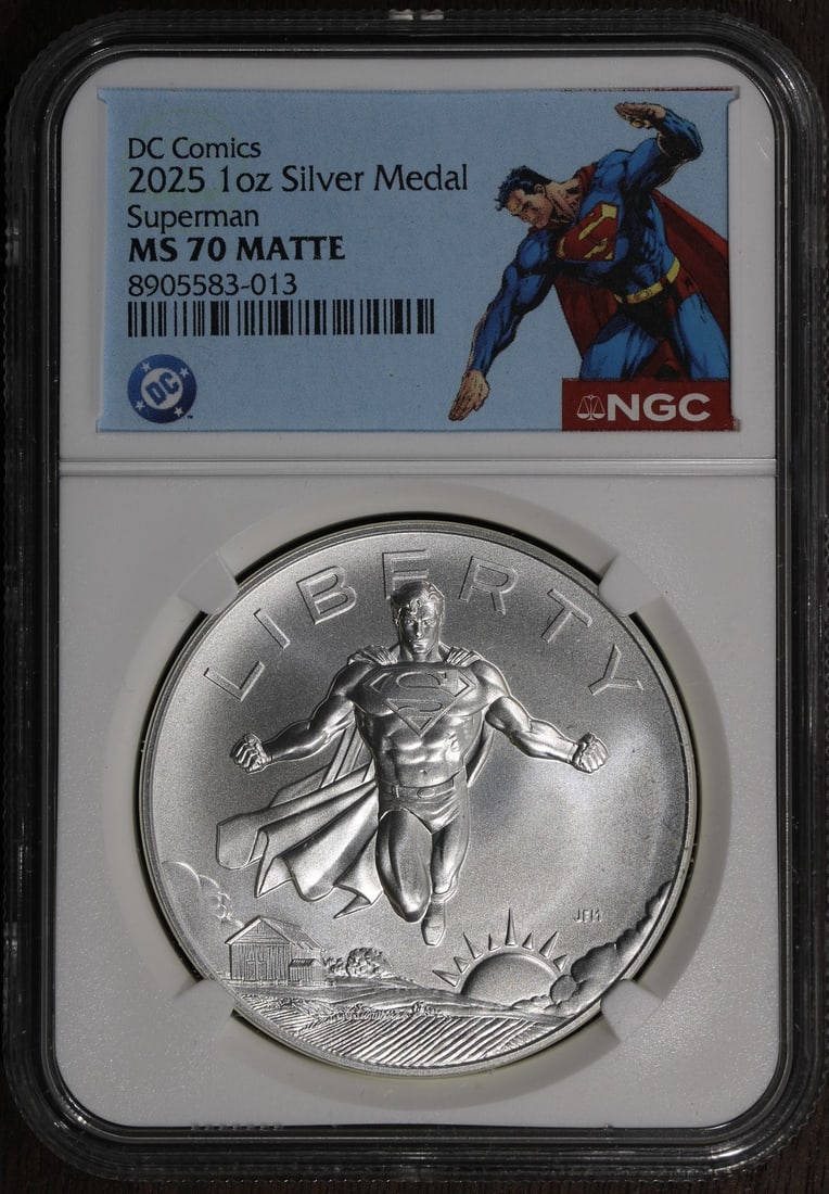 NGC MS70 2025 Superman 1 oz .999 Silver Matte Medal: NGC MS70 2025 Superman 1 oz .999 Silver Matte Medal 2025 Superman 1 oz silver medal graded MS 70 by NGC. This pre-owned DC Comic themed piece features a matte strike and is produced by the U.S. Mint. 