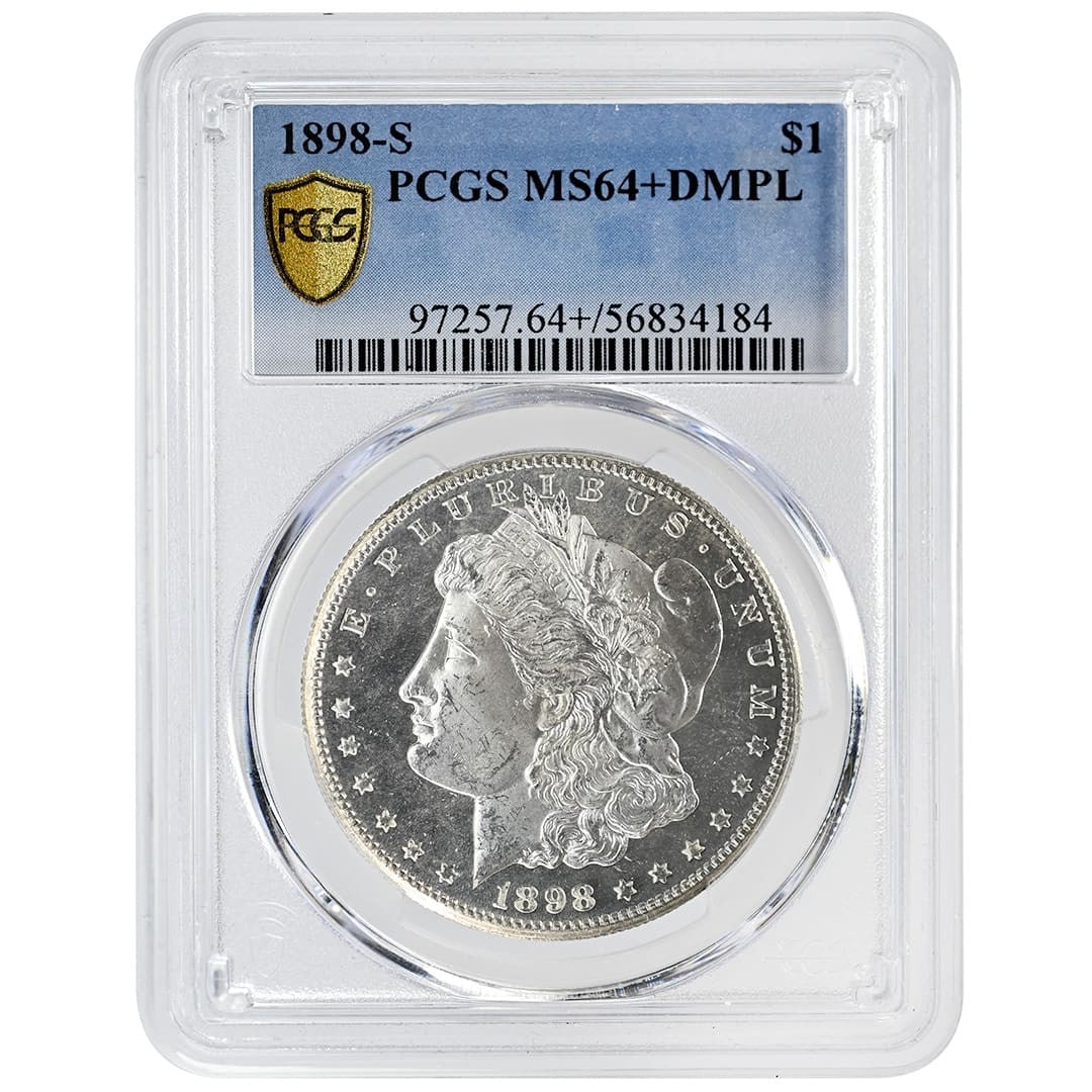 PCGS MS64+DMPL 1898-S Morgan Silver Dollar $1: PCGS MS64+DMPL 1898-S Morgan Silver Dollar $1 1898-S Morgan Dollar certified by PCGS in MS64+ DMPL condition. This pre-owned silver $1 coin features a Deep Mirror Proof-Like strike and was minted in t