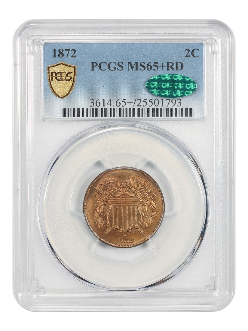 Key Date 1872 Two Cent 2C PCGS CAC MS65+RD: Key Date 1872 Two Cent 2C PCGS CAC MS65+RD 1872 Two Cent piece certified by PCGS and approved by CAC, graded MS65+ RD. This key date issue has an extremely low mintage of just 65,000 pieces. PCGS repo