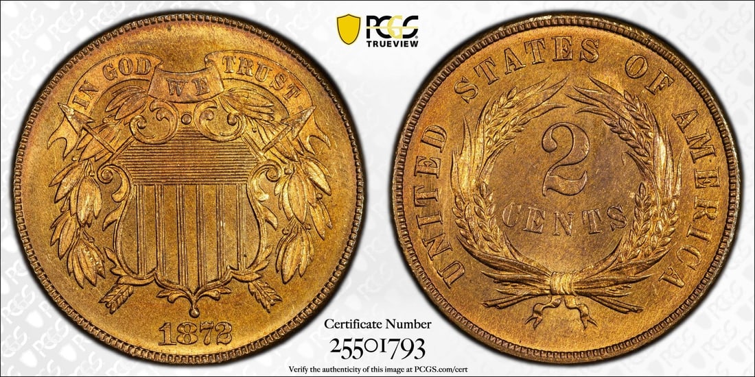 Key Date 1872 Two Cent 2C PCGS CAC MS65+RD - 5
