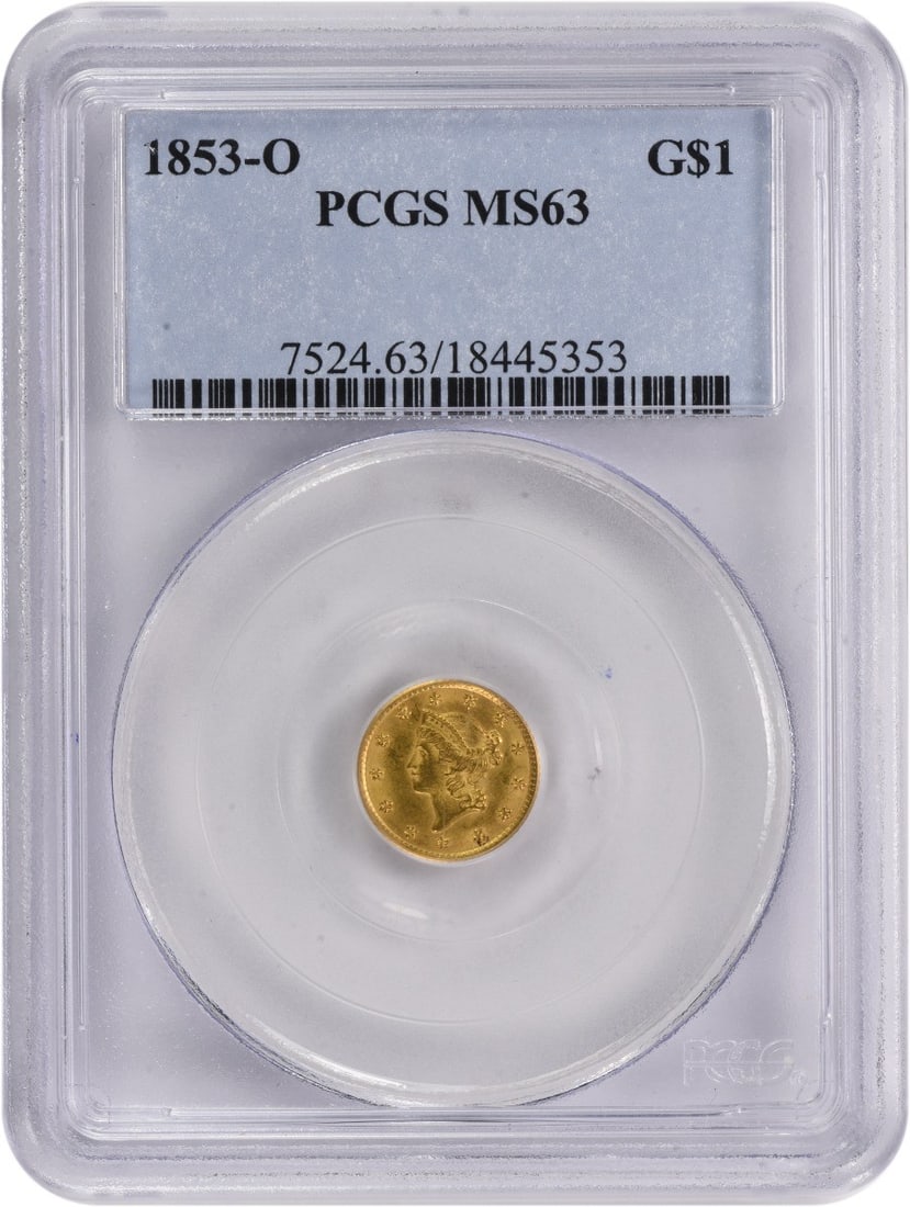 PCGS MS63 1853-O Liberty Head Gold Dollar Type 1: PCGS MS63 1853-O Liberty Head Gold Dollar Type 1 1853-O $1 Gold Type 1 coin graded MS63 by PCGS. This uncirculated United States issue was minted in New Orleans and is listed as Pre-Owned. It is a Typ