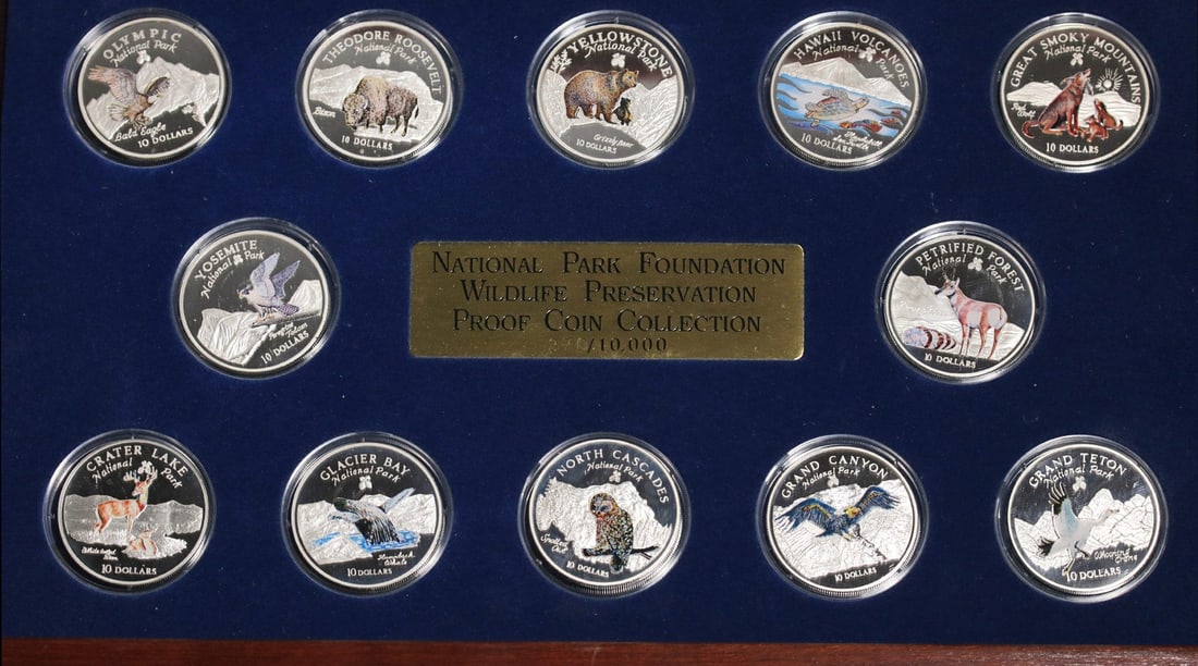 12 Coin Cook Islands National Park Wildlife Silver $10 Set 1996-1998: 12 Coin Cook Islands National Park Wildlife Silver $10 Set 1996-1998 Complete 12-coin Cook Islands National Park Wildlife set issued from 1996 to 1998. This pre-owned colorized silver $10 set comes in