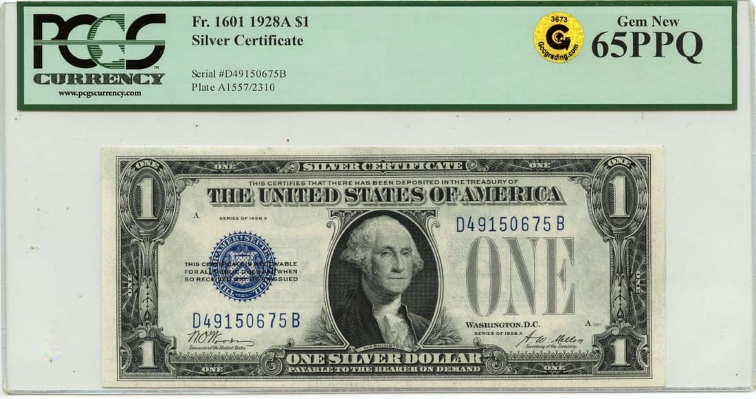 PCGS Gem 65 PPQ 1928A $1 Silver Certificate Fr 1601: PCGS Gem 65 PPQ 1928A $1 Silver Certificate Fr 1601 1928A $1 Silver Certificate graded PCGS Gem 65 PPQ. This uncirculated, pre-owned note is a certified example of a United States silver certificate. 