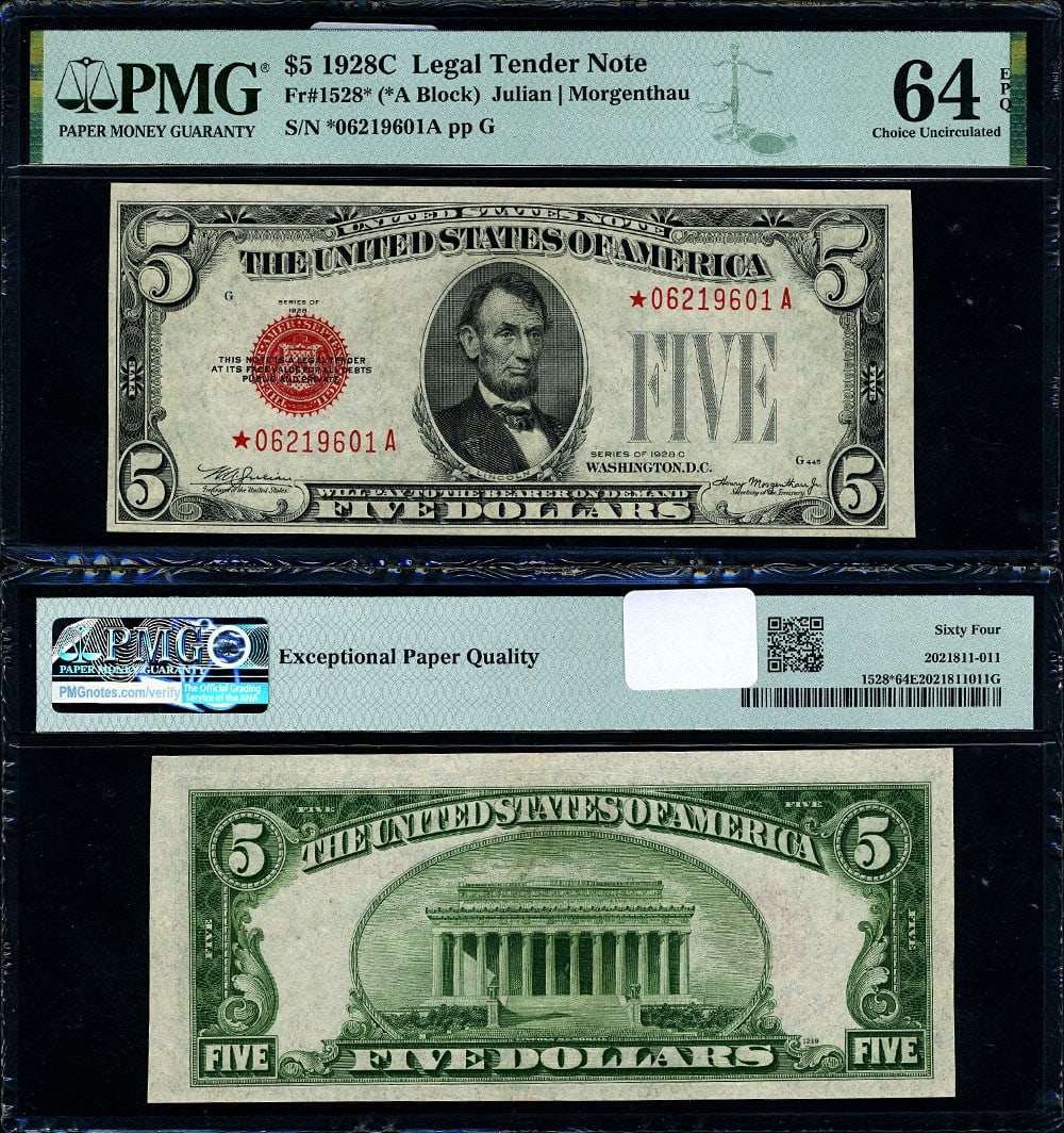 PMG CU64 EPQ 1928-C $5 Legal Tender Star Note Fr 1528* A Block (1 of 3)