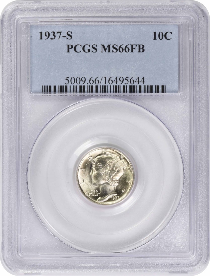 PCGS MS66FB 1937 S Mercury 10C Silver Dime: PCGS MS66FB 1937 S Mercury 10C Silver Dime 1937-S Mercury silver dime certified by PCGS and graded MS66FB. This uncirculated United States 10C coin features the Mercury design by Adolph Alexander Wein