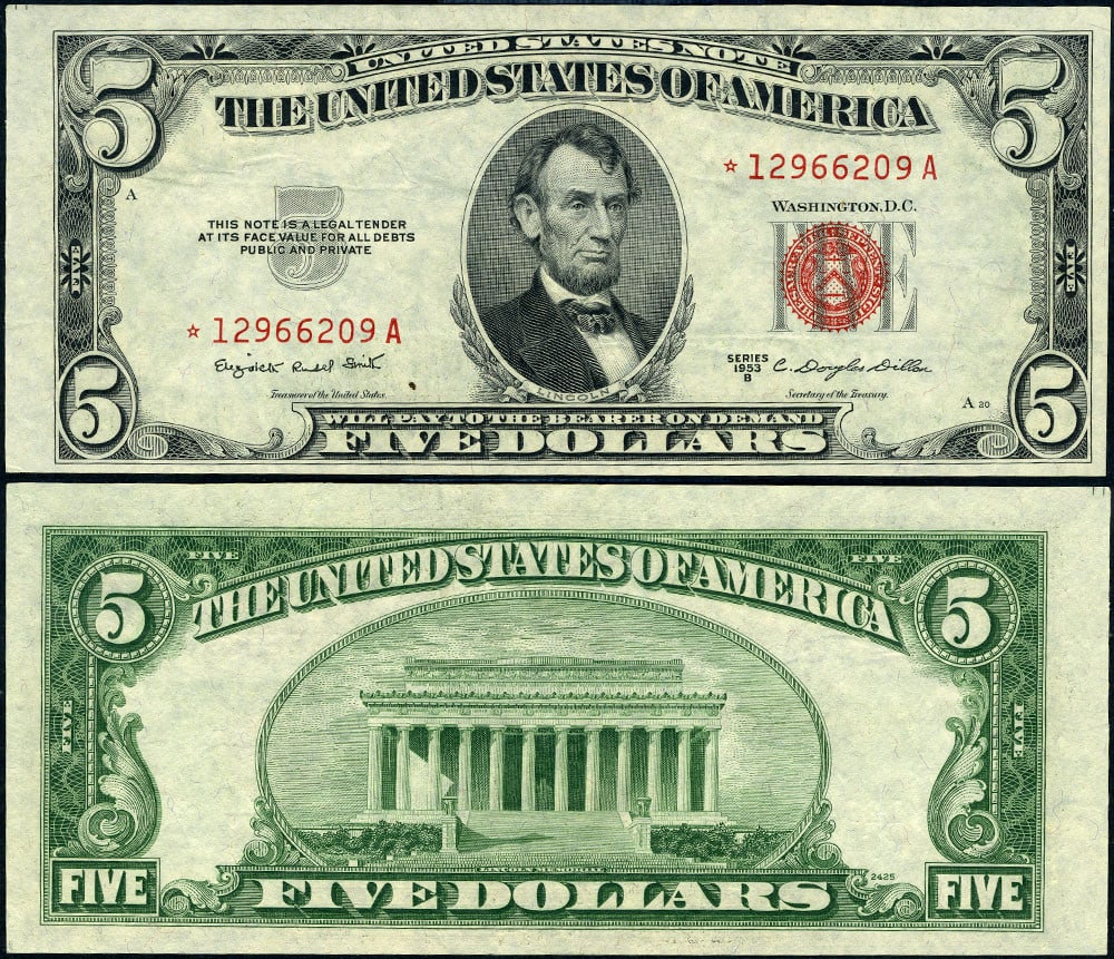 1953-B $5 Legal Tender Star Note FR 1534* Choice CU: 1953-B $5 Legal Tender Star Note FR 1534* Choice CU 1953-B United States $5 Legal Tender star note, FR. 1534* in *-A block. Described as a Choice CU uncirculated example with original paper quality, n