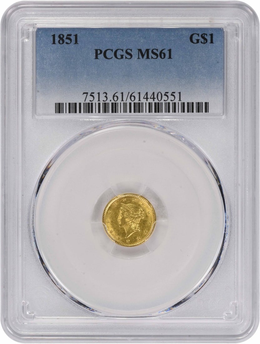 PCGS MS61 1851 United States Gold Dollar Type 1: PCGS MS61 1851 United States Gold Dollar Type 1 1851 $1 Gold Type 1 coin certified by PCGS and graded MS61. This pre-1933 United States gold dollar was struck in Philadelphia and features a reeded edg