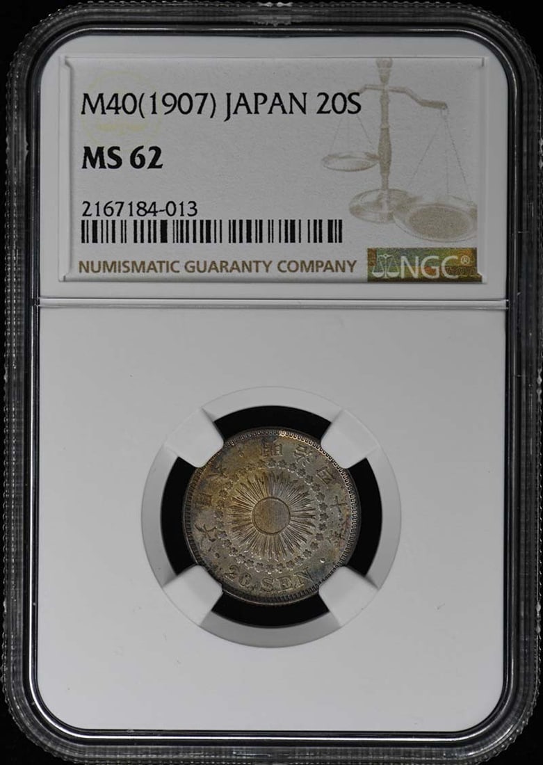 1907 Japan Silver 20 Sen Coin NGC MS62 Uncirculated: 1907 Japan Silver 20 Sen Coin NGC MS62 Uncirculated This 1907 M40 Japan Silver 20 Sen coin is graded MS62 by NGC, indicating its uncirculated condition. The coin is pre-owned and boasts an exceptional