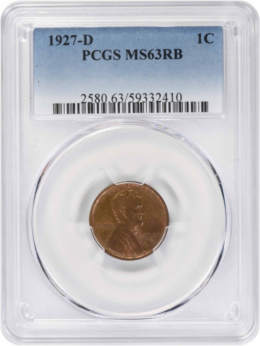 PCGS MS63RB 1927-D Lincoln Wheat Small Cent: PCGS MS63RB 1927-D Lincoln Wheat Small Cent 1927-D Lincoln Wheat Small Cent certified by PCGS and graded MS63RB. This uncirculated United States coin features the Lincoln Wheat design and comes in a p
