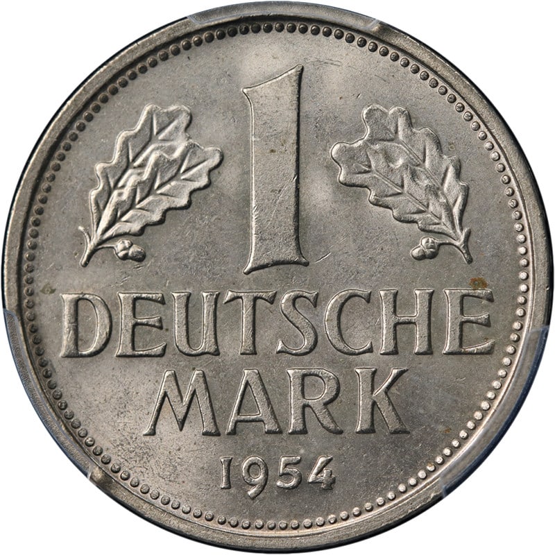 PCGS MS65 1954-D German Federal Republic 1 Mark Silver Coin: PCGS MS65 1954-D German Federal Republic 1 Mark Silver Coin Original 1954-D Germany Federal Republic 1 Mark certified by PCGS as MS65. This uncirculated silver coin offers strong eye appeal with fanta