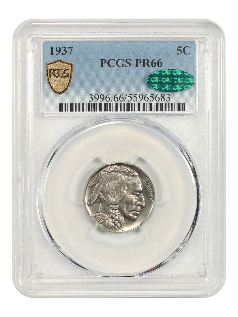 PCGS CAC PR66 1937 Buffalo Nickel 5C Philadelphia: PCGS CAC PR66 1937 Buffalo Nickel 5C Philadelphia 1937 Buffalo Nickel certified by PCGS and CAC in PR66 grade. This uncirculated example comes from a mintage of 5,769 and is noted as an ideal issue fo