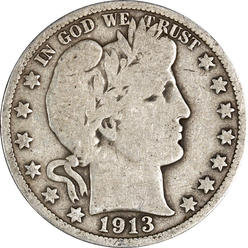 1913 Philadelphia Silver Barber 50 Cent Circulated Coin: 1913 Philadelphia Silver Barber 50 Cent Circulated Coin This 1913-P Barber Half Dollar is a circulated silver coin from the Philadelphia Mint. Featuring a composition of 0.9 fineness silver, it is an 