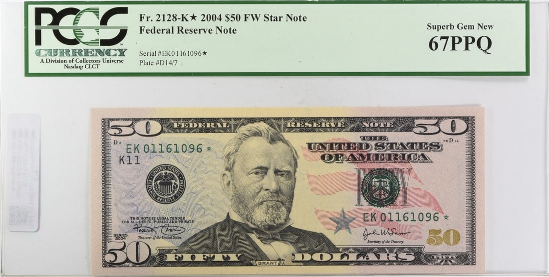 PCGS 67PPQ 2004 $50 Federal Reserve Star Note FR2128-K*: PCGS 67PPQ 2004 $50 Federal Reserve Star Note FR2128-K* 2004 United States $50 Federal Reserve Star Note graded Superb Gem Uncirculated 67PPQ by PCGS. This pre-owned note is an uncirculated example wi