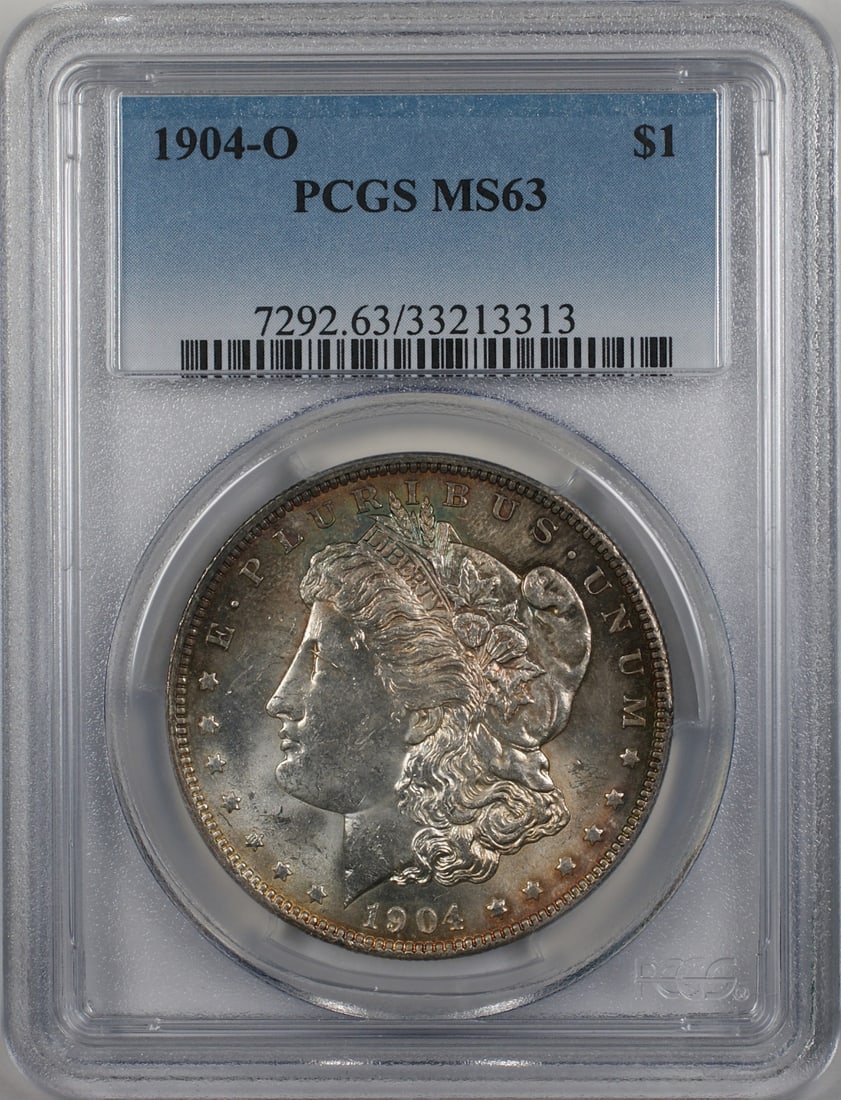 PCGS MS63 1904-O Morgan Silver Dollar: PCGS MS63 1904-O Morgan Silver Dollar This 1904-O Morgan Silver Dollar features a mint mark from New Orleans and is composed of silver. Graded MS 63 by PCGS, this uncirculated coin is noted as toned a