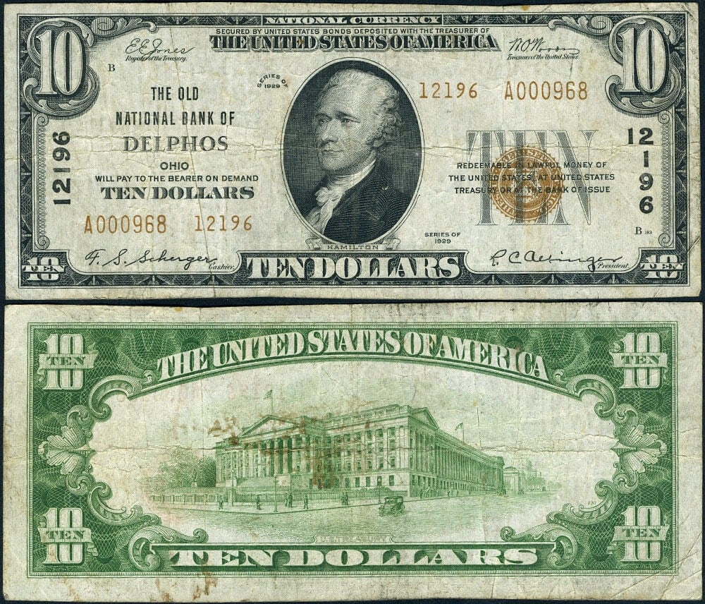 1929 T-2 $10 Delphos Ohio National Bank Note CH 12196 VF: 1929 T-2 $10 Delphos Ohio National Bank Note CH 12196 VF 1929 Type 2 $10 National Bank Note from Delphos, Ohio, Charter #12196. This circulated example is graded VF and shows even circulation with min