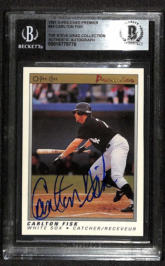 Autographed Carlton Fisk 1991 O-Pee-Chee Premier 45 White Sox Beckett Authenticated Card: Autographed Carlton Fisk 1991 O-Pee-Chee Premier 45 White Sox Beckett Authenticated Card Original 1991 O-Pee-Chee Premier #45 sports trading card featuring Carlton Fisk of the Chicago White Sox. The c