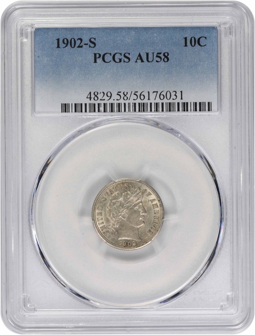 PCGS AU58 1902 San Francisco Barber Dime 90 Percent Silver (1 of 2)