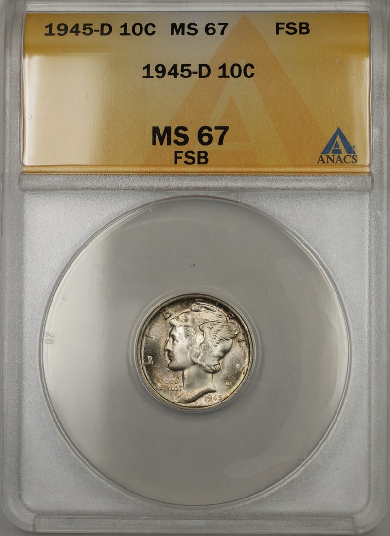 ANACS MS-67 1945-D Mercury Dime Silver 10C Full Split Bands: ANACS MS-67 1945-D Mercury Dime Silver 10C Full Split Bands 1945-D Mercury Dime 10C coin from the United States, graded MS 67 by ANACS with Full Split Bands. This silver coin is an uncirculated exampl