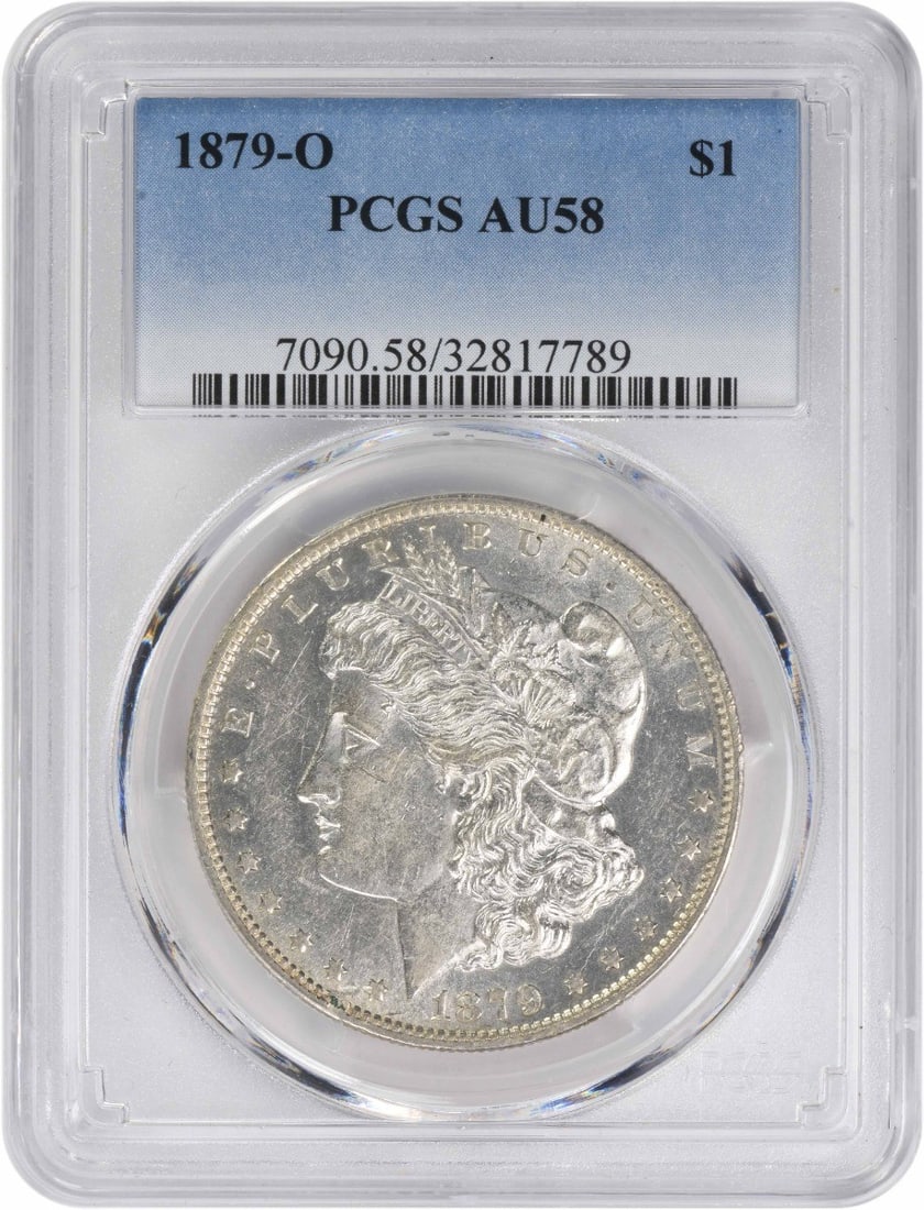 PCGS AU58 1879 O Morgan Silver Dollar $1: PCGS AU58 1879 O Morgan Silver Dollar $1 1879-O Morgan Silver Dollar graded AU58 by PCGS. This circulated United States $1 coin features the classic Morgan design by George T. Morgan and was struck at