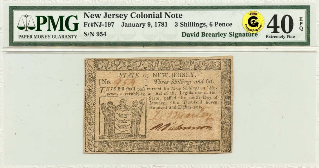 New Jersey 3s6d Colonial Note January 9 1781 PMG XF40 FR#NJ-197 (1 of 2)