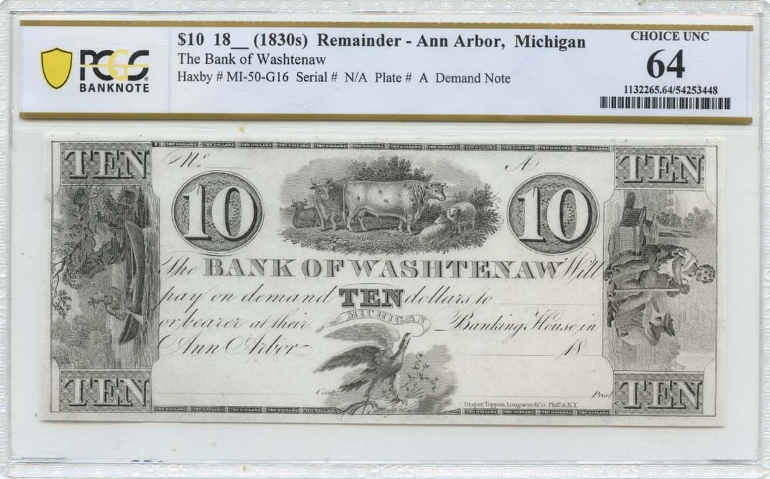 PCGS CU64 1830s Bank of Washtenaw Ann Arbor MI $10 Obsolete Note (1 of 2)