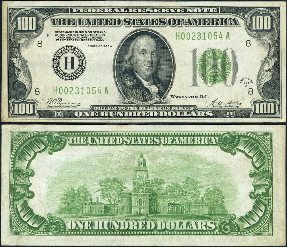 St. Louis H-A Block FR 2151 H 1928-A $100 Federal Reserve Note XF+ (1 of 3)