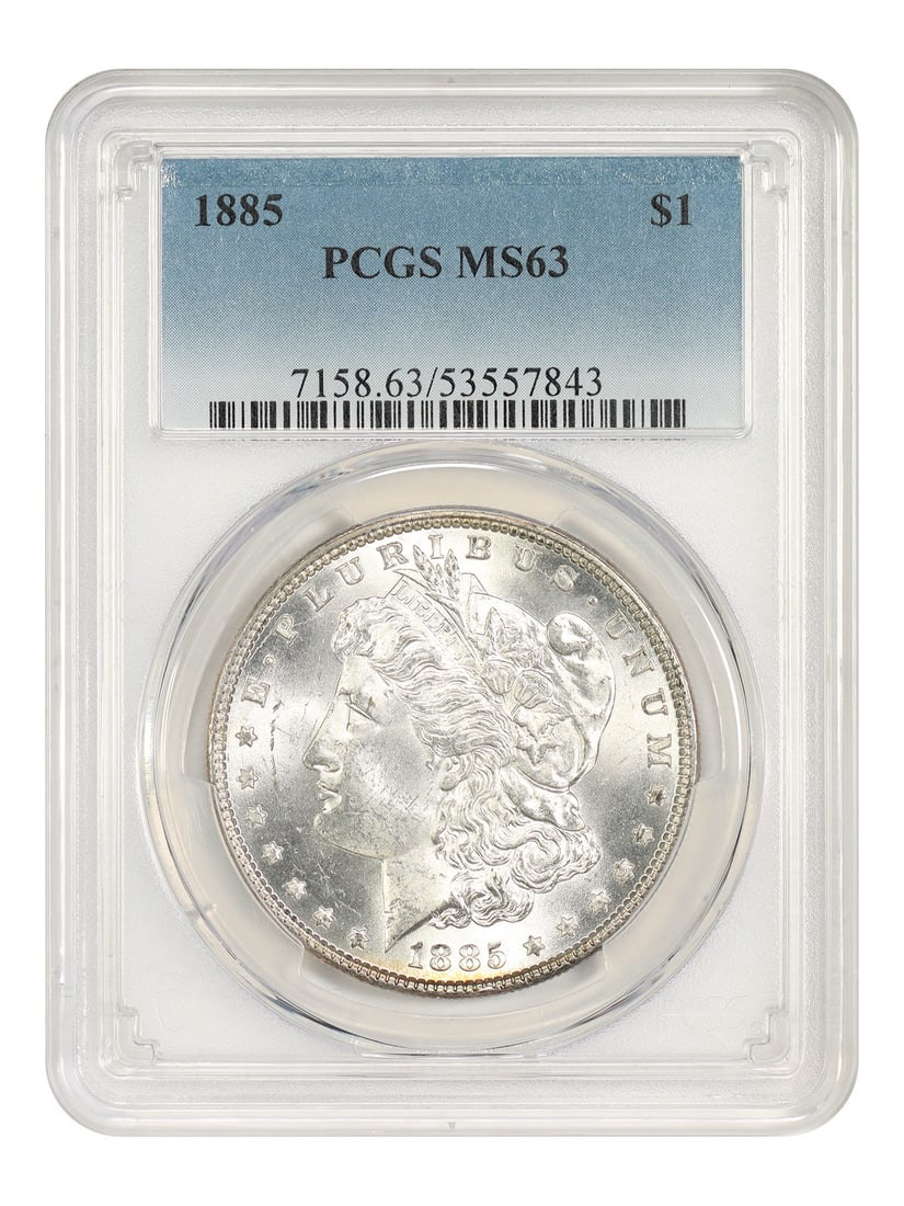 PCGS MS63 1885 Morgan Silver Dollar $1 Philadelphia: PCGS MS63 1885 Morgan Silver Dollar $1 Philadelphia 1885 Morgan Dollar certified by PCGS in MS63 grade. Struck at the Philadelphia Mint, this uncirculated silver dollar is a popular issue in the Morga