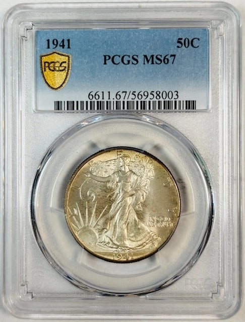 PCGS MS-67 1941 Walking Liberty Half Dollar Philadelphia Mint Silver: PCGS MS-67 1941 Walking Liberty Half Dollar Philadelphia Mint Silver 1941 Walking Liberty Half Dollar certified by PCGS in MS-67 grade. This silver 50C coin was struck at the Philadelphia Mint and is 