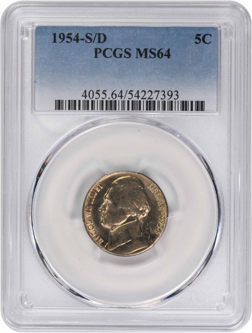 PCGS MS64 1954 Jefferson Nickel 5C S over D: PCGS MS64 1954 Jefferson Nickel 5C S over D 1954-S/D Jefferson nickel graded MS64 by PCGS. This uncirculated 5-cent coin is a pre-owned example of the Jefferson series and comes encapsulated in a prot