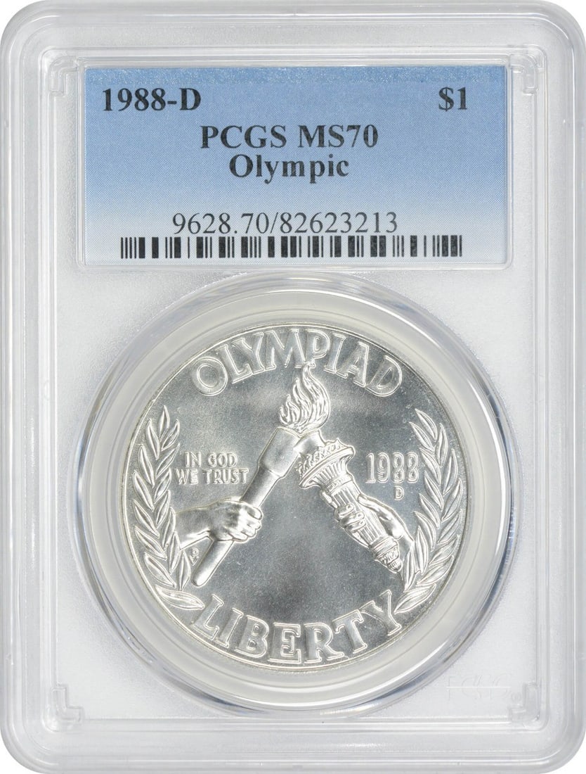 PCGS MS70 1988-D US Olympic Silver Commemorative Dollar: PCGS MS70 1988-D US Olympic Silver Commemorative Dollar 1988-D Olympic Silver Commemorative Dollar graded MS70 by PCGS. This uncirculated United States commemorative coin is a pre-owned example and fe