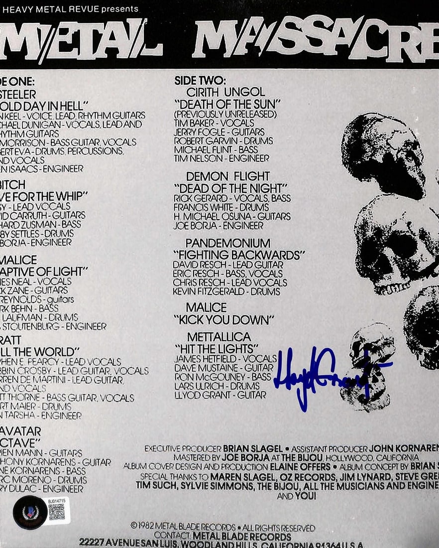 8x10 Metal Massacre back cover photo signed by Lloyd Grant Beckett: 8x10 Metal Massacre back cover photo signed by Lloyd Grant Beckett This 8x10 photograph features the back cover artwork from the iconic Metal Massacre album and has been hand-signed by guitarist Lloyd
