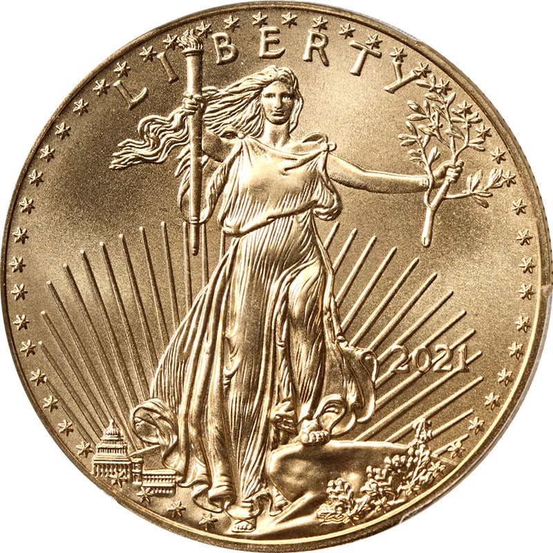 Set of 2 2021 $50 Gold American Eagles Type 1 and 2 PCGS MS70: Set of 2 2021 $50 Gold American Eagles Type 1 and 2 PCGS MS70 This set includes both the 2021 Gold American Eagle $50 Type 1 and Type 2 coins, each graded MS70 by PCGS. Both coins are uncirculated and