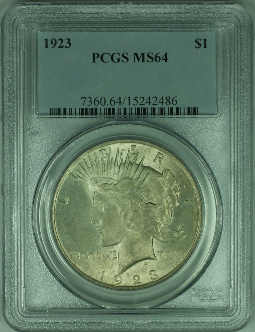 PCGS MS-64 1923 Peace Dollar $1 Silver Coin Light Toning: PCGS MS-64 1923 Peace Dollar $1 Silver Coin Light Toning This 1923 Peace Silver Dollar $1 Coin is certified by PCGS with a grade of MS-64, indicating a high level of preservation. The coin is composed
