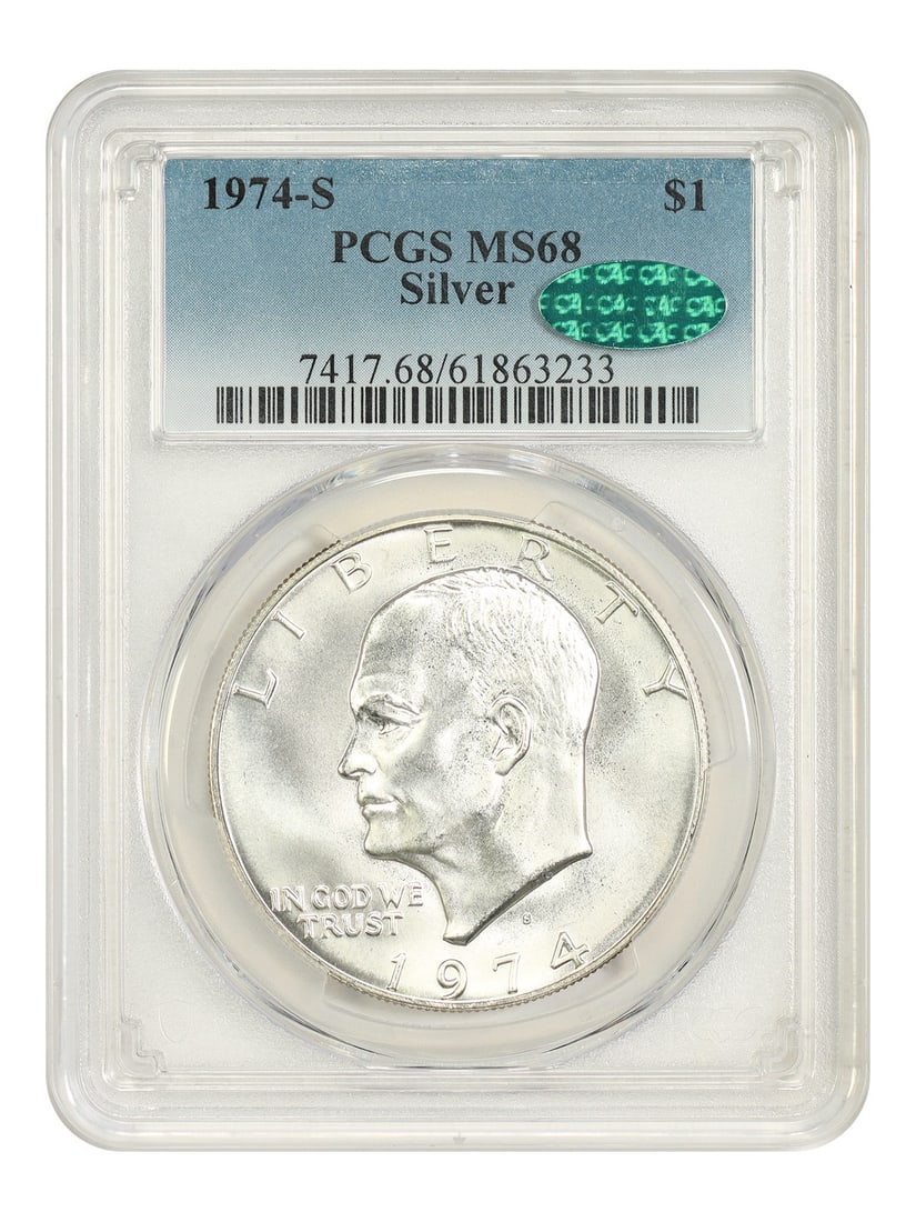 PCGS CAC MS68 1974-S Silver Ike Dollar $1: PCGS CAC MS68 1974-S Silver Ike Dollar $1 1974-S Ike Dollar certified by PCGS and approved by CAC. This silver $1 coin is listed as uncirculated and pre-owned. Specifications Denomination: $1 Year: 19