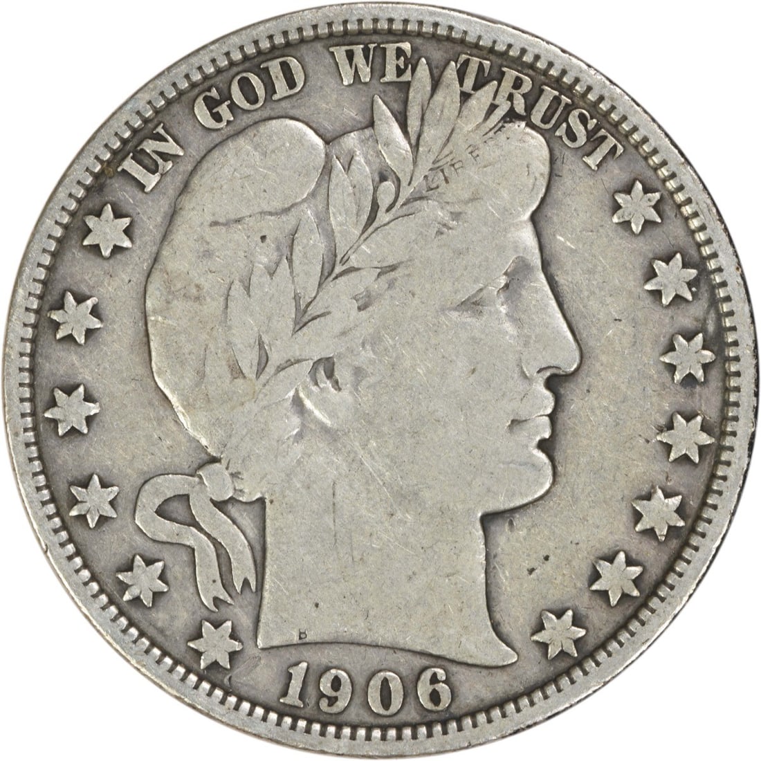 1906 D Barber 50C Silver Half Dollar Fine Uncertified: 1906 D Barber 50C Silver Half Dollar Fine Uncertified 1906-D Barber Half Dollar in circulated Fine (F) condition. This uncertified United States 50C coin is composed of silver and is offered as a pre-
