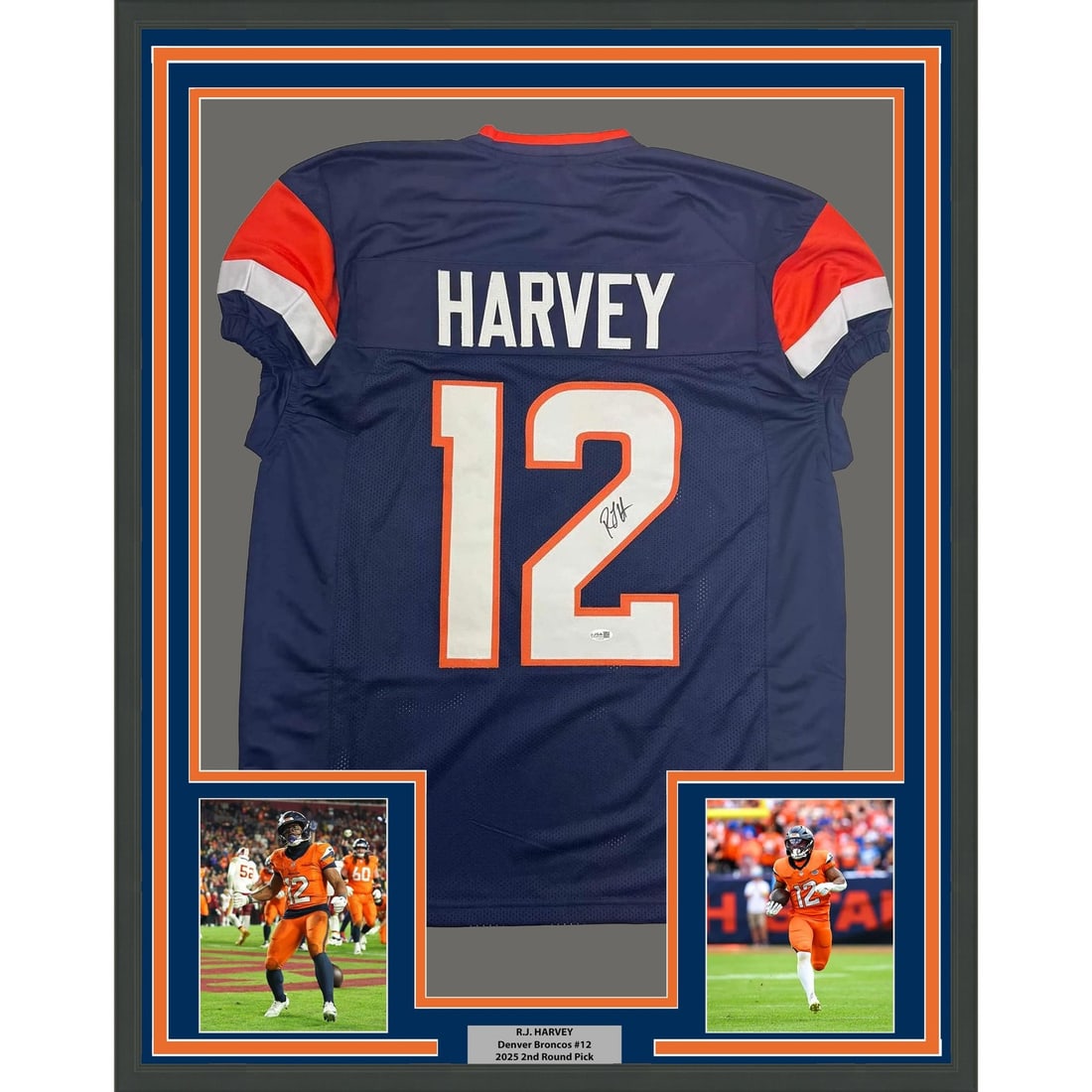 35x39 Framed Denver Broncos Blue Jersey Signed by R.J. Harvey (1 of 2)