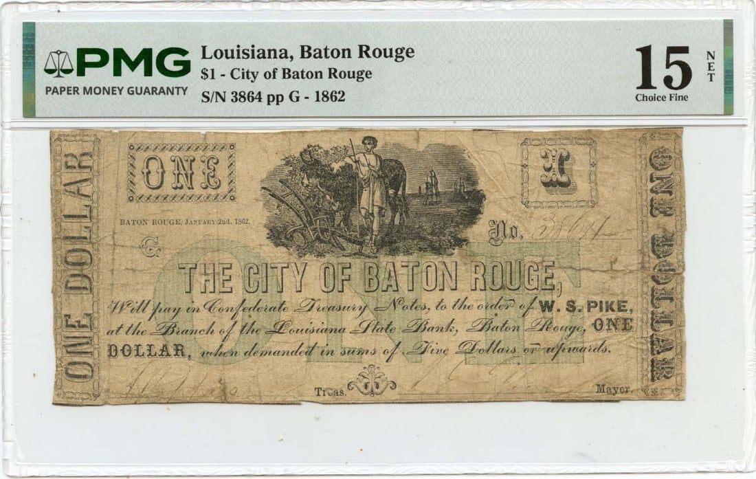 PMG F15 City of Baton Rouge 1862 Louisiana $1 Obsolete Note: PMG F15 City of Baton Rouge 1862 Louisiana $1 Obsolete Note 1862 City of Baton Rouge obsolete note from Baton Rouge, Louisiana. This pre-owned example is a circulated note graded PMG F15. Specificatio